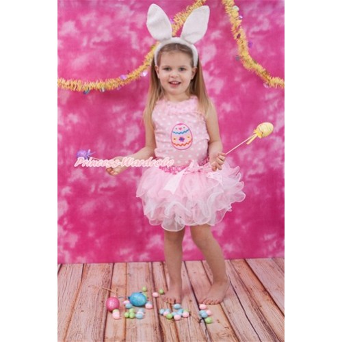 Easter Light Pink White Dots Baby Pettitop with Light Pink Chiffon Lacing & Easter Egg Print with Light Hot Pink Dots Bow Hot Pink White Dots Waist Light Pink White Petal Baby Pettiskirt NP061 